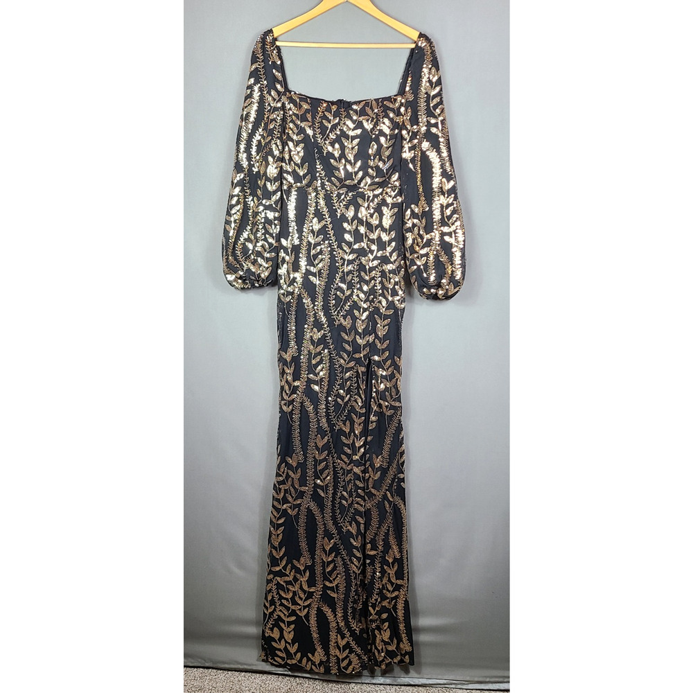 Miss Ord Black Gold Mesh Sequin Maxi Dress w/Split Elegant Formal Party Size L